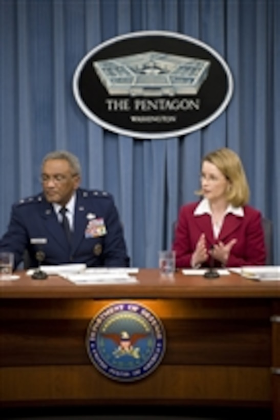 Office of the Assistant Secretary of the Air Force for Financial Management and Comptroller Maj. Gen. Alfred Flowers and Deputy for Budget Marilyn Thomas conduct a press conference to discuss the fiscal 2011 Defense budget proposal and the fiscal 2010 supplemental war-funding request in the Pentagon on Feb. 1, 2010.  