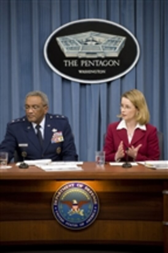 Office of the Assistant Secretary of the Air Force for Financial Management and Comptroller Maj. Gen. Alfred Flowers and Deputy for Budget Marilyn Thomas conduct a press conference to discuss the fiscal 2011 Defense budget proposal and the fiscal 2010 supplemental war-funding request in the Pentagon on Feb. 1, 2010.  