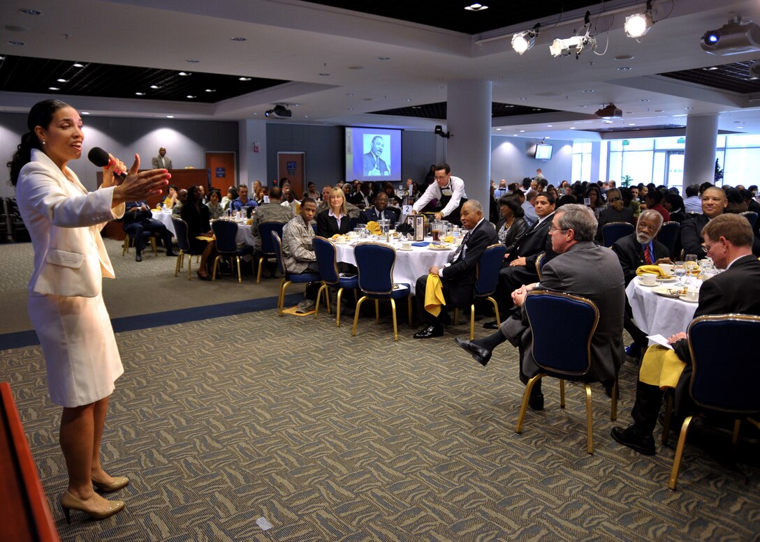 Ms. Felicia Brown vocalizes “The Impossible Dream” from the musical Man of La Mancha at the Dr. Martin Luther King, Jr. celebration held at Los Angeles Air Force Base, Space and Missile Systems Center, El Segundo, Calif., Jan. 14.  (Photo by Lou Hernandez)