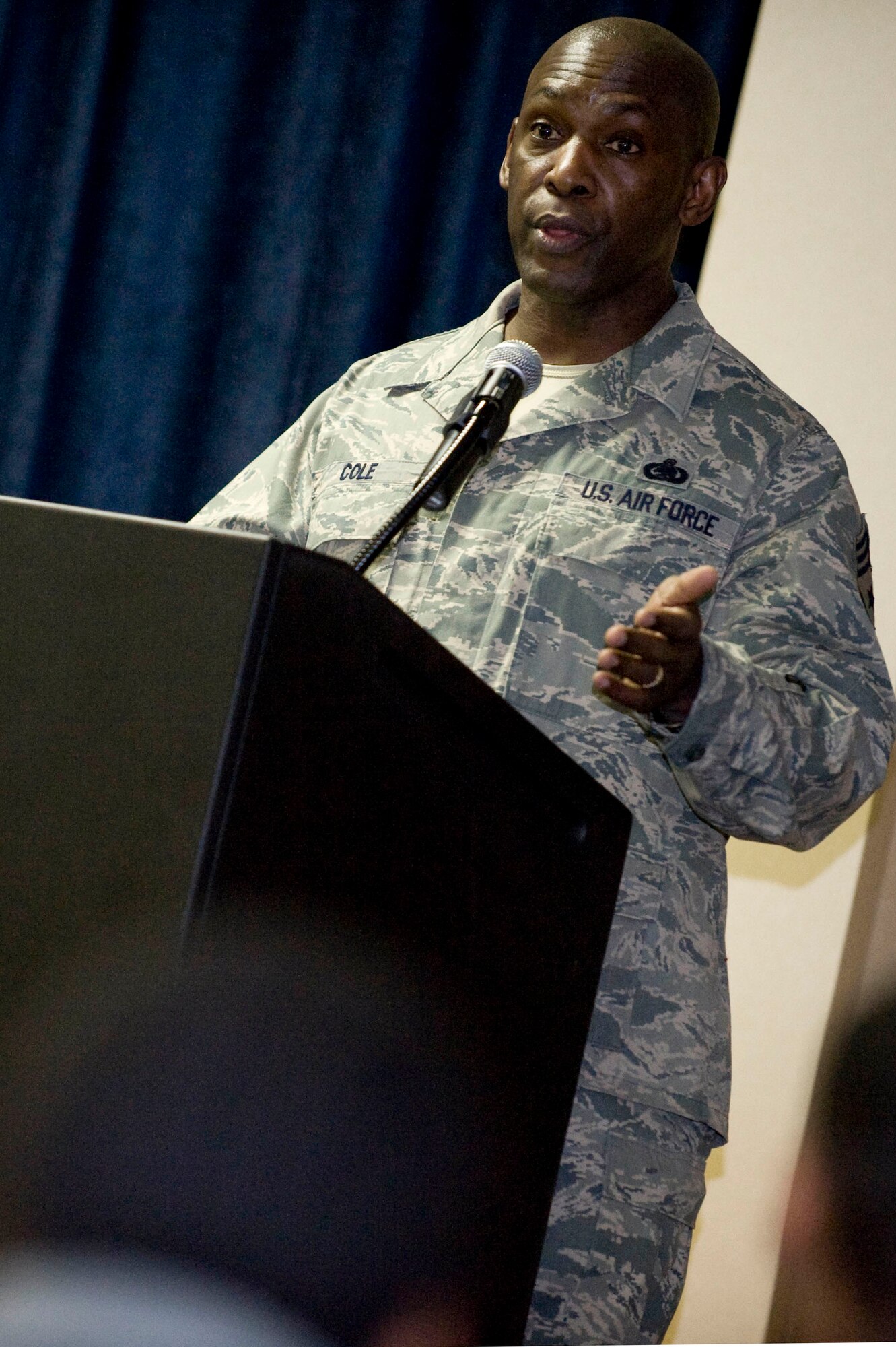 ELLSWORTH AIR FORCE BASE S.D.-- Chief Master Sgt. Clifton Cole, 28th Bomb Wing command chief, gives  advice to Ellsworth community members during a symposium, Feb. 3. The 28th Bomb Wing African-American Heritage Committee planned the symposium to inform the Ellsworth community how to succeed financially, achieve education goals and build their career. (U.S. Air Force photo/Airman 1st Class Corey Hook)