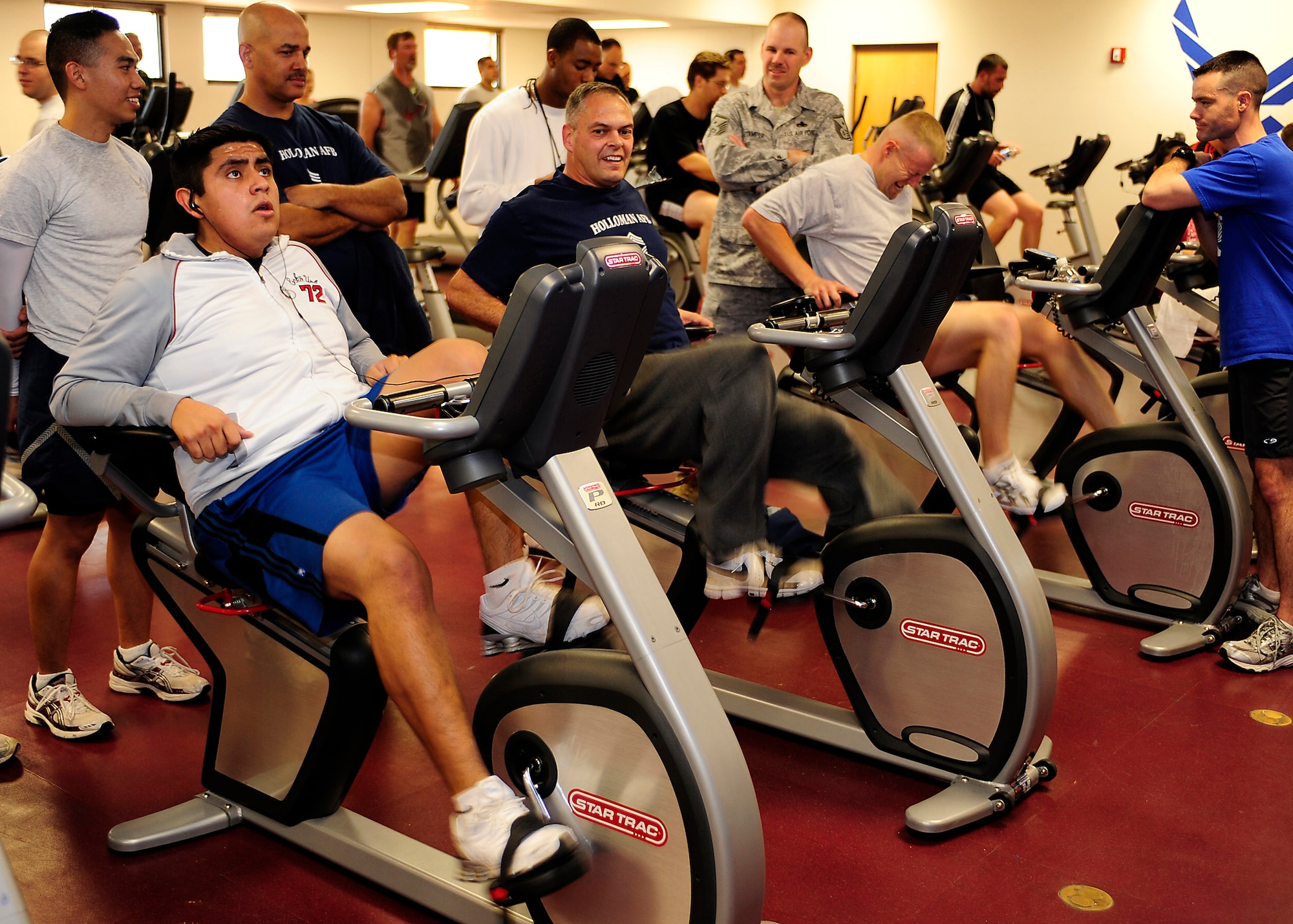 HOLLOMAN AIR FORCE BASE, N.M. -- One representative from each team competes during the cycling event in the Iron Airman competition held at the Domenici Fitness and Sports Center, Jan. 29. The biking event was the last event of the competition. (U.S. Air Force photo by Senior Airman DeAndre Curtiss)