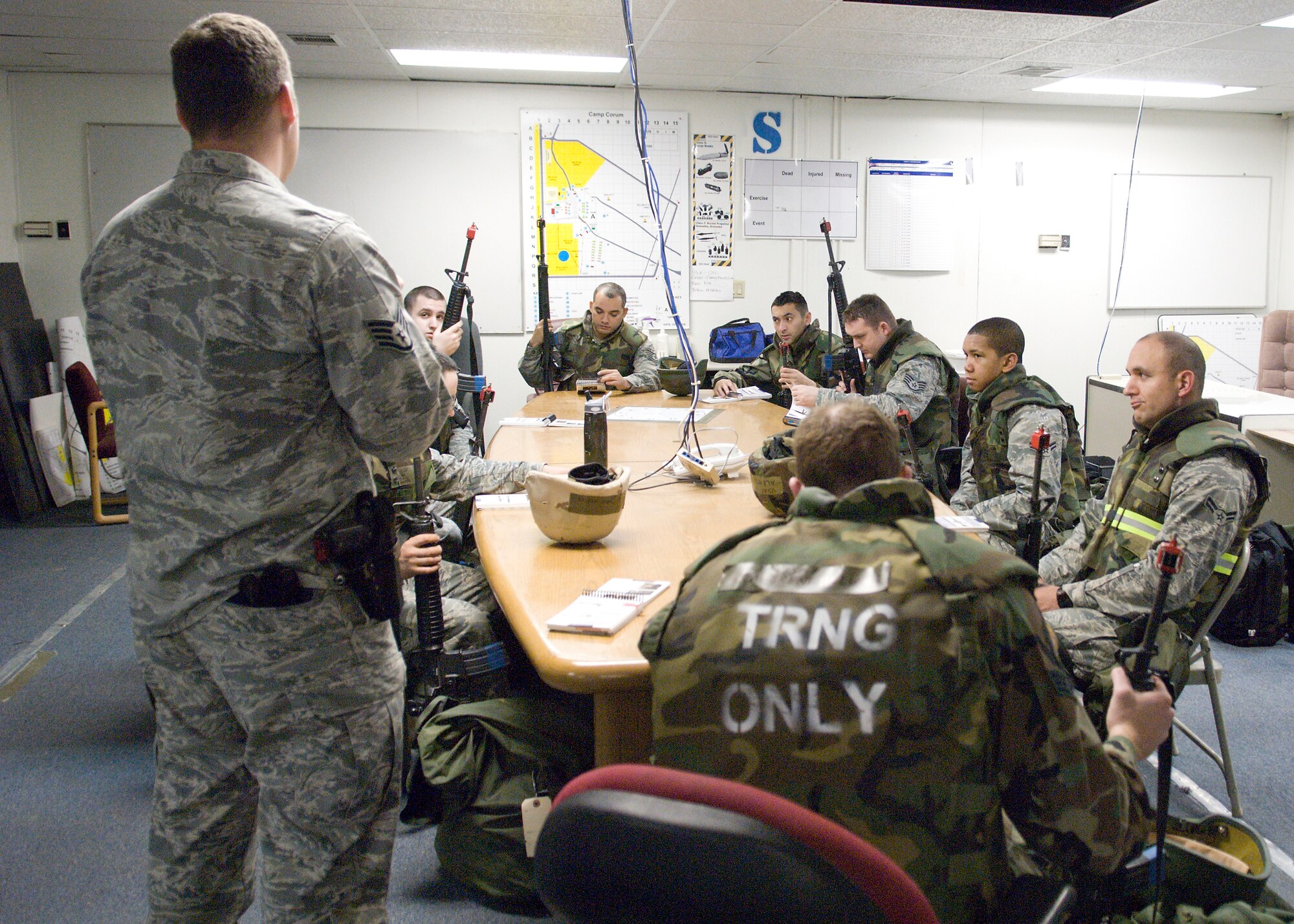 A 95th Security Forces Squadron Airman teaches a weapons familiarization training course Jan. 27 at the Mobility Processing Center. The course was held as part of Phase I of a basewide Operational Readiness Exercise. (Air Force photo/Mike Cassidy)