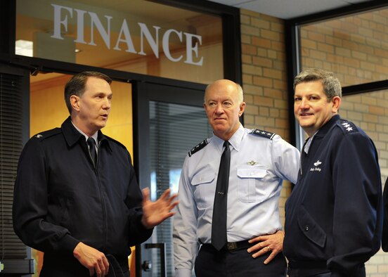 FAIRCHILD AIR FORCE BASE, Wash. – Col. Gregory Bulkley, 141st Air Refueling Wing Commander, discusses communications issues surfacing between Guard and active duty wings with Lt. Gen. Harry Wyatt III, Director of the Air National Guard, and Lt. Gen. Vern Findley II, Air Mobility Command Vice Commander, at Fairchild Feb. 1. Six Air Force generals visited the base to discuss current Total Force Integration initiatives. (U.S. Air Force photo / Senior Airman Joshua Chapman)
