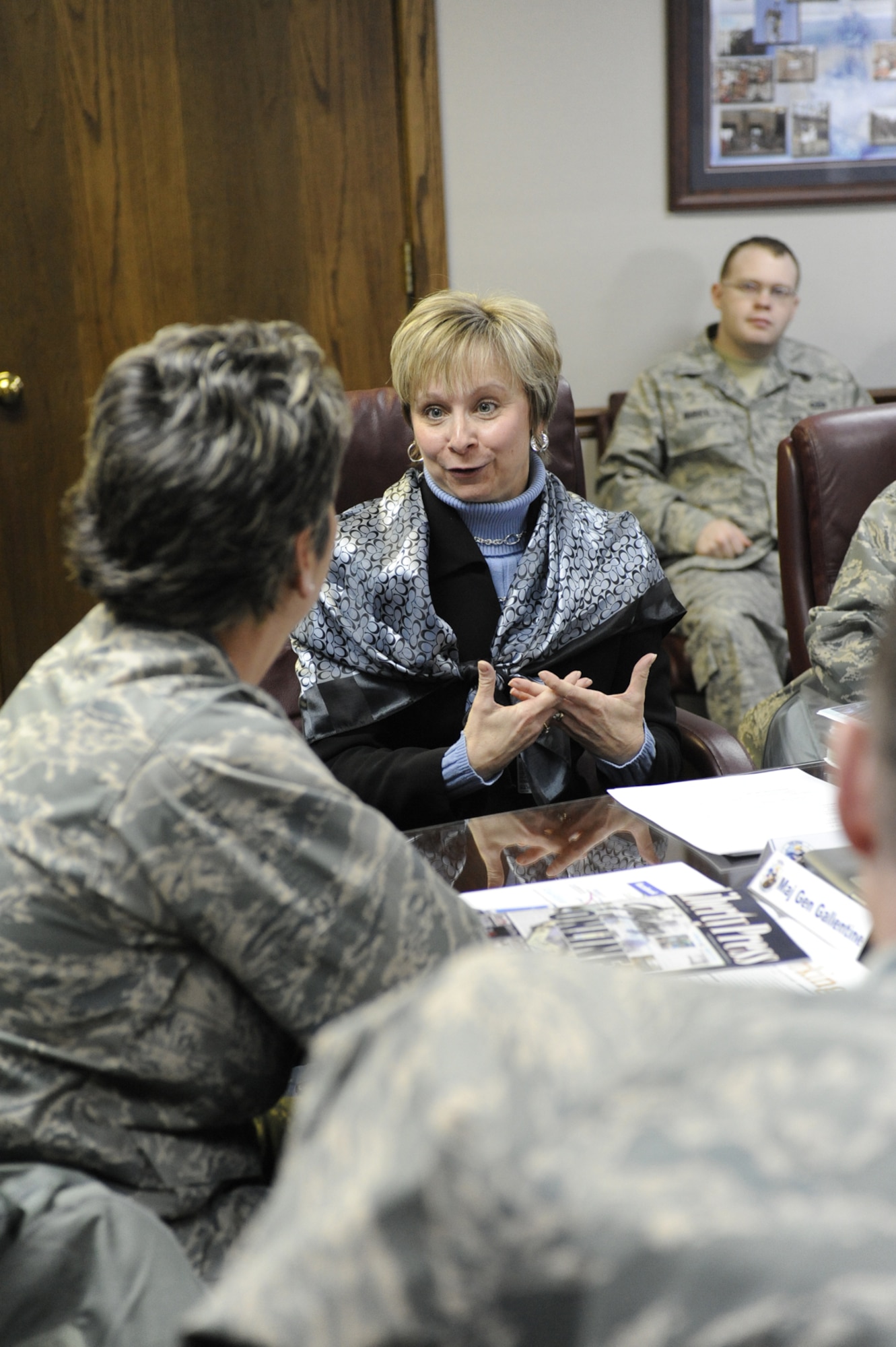 (Center) Judy Diogo, Central Delaware Chamber of Commerce president and Honorary Commander, briefs Maj. Gen. Anita Gallentine, Installation Excellence Selection Board chief, Feb. 2 about the Honorary Commander program and the community winning the Abilene Trophy.(U.S. Air Force photo/Jason Minto)