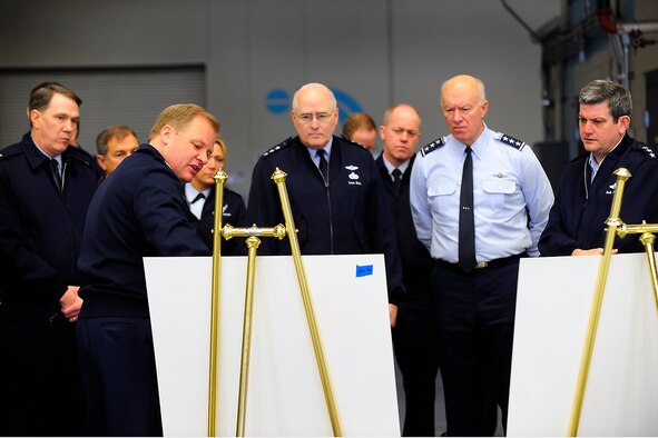 FAIRCHILD AIR FORCE BASE, Wash. - A group of Air Force senior leaders listen intently as Col. John Tobin, 92nd Maintenance Group Commander, briefs on successes and pitfalls concerning Total Force Initiatives here. (U.S. Air Force photo / Senior Airman Joshua Chapman)