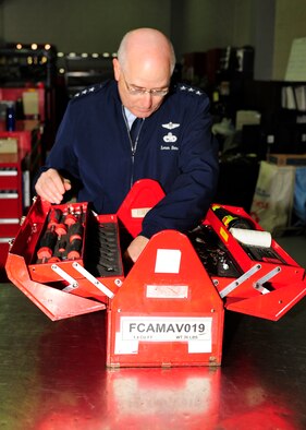 FAIRCHILD AIR FORCE BASE, Wash. - Lt. Gen. Loren M. Reno, Deputy Chief of Staff for Logistics, Installations and Mission Support at U.S. Air Force Headquarters, inspects a tool chest for essential items during a visit here Monday. General Reno joined a team of Air Force generals that visited Fairchild to learn more about the Total Force Integration project currently underway here. (U.S. Air Force photo / Senior Airman Joshua Chapman)