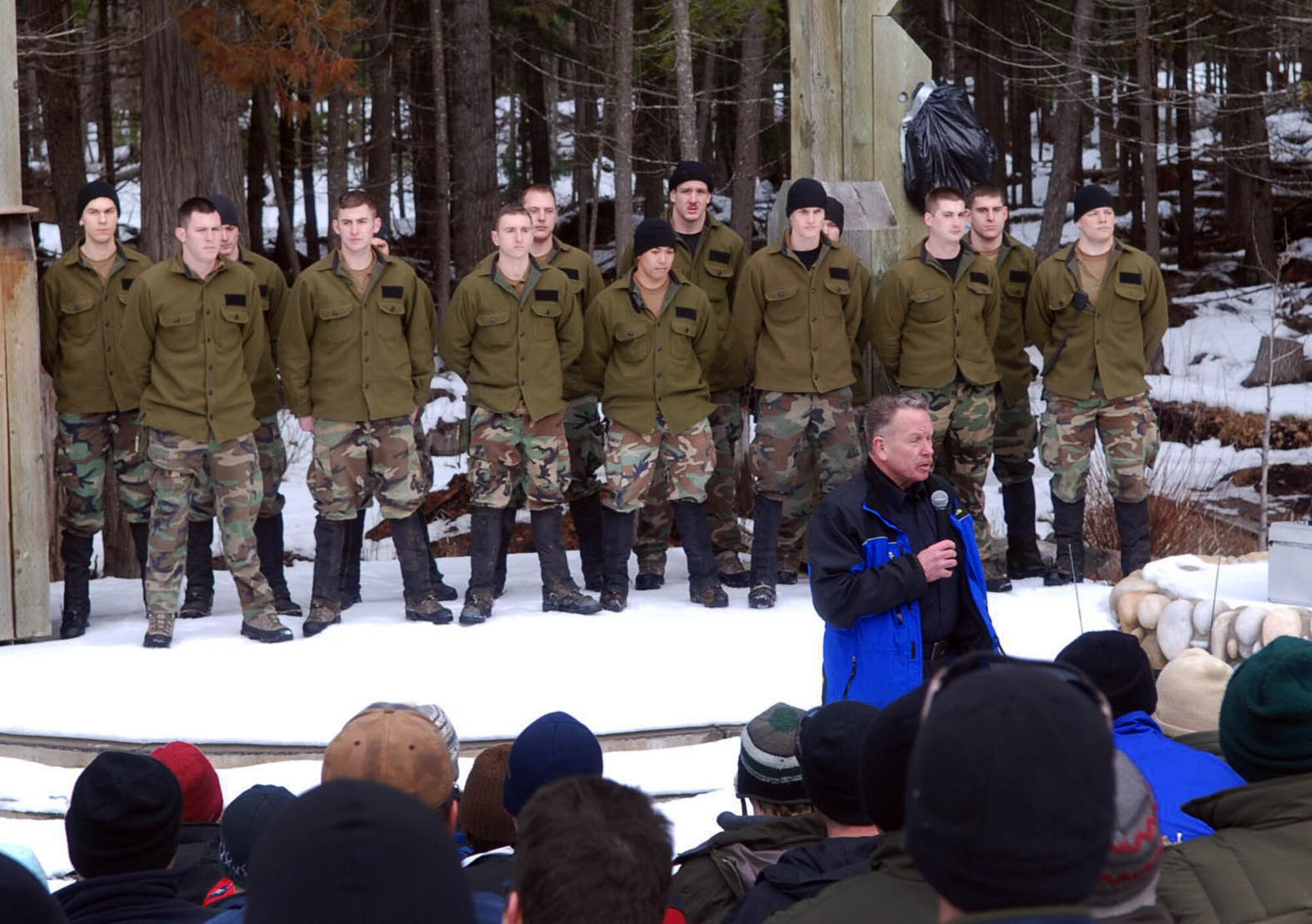 PRIEST LAKE, Idaho - Mike Nielsen, Priest Lake Search and Rescue, introduces the 14 Survival, Evasion, Resistance and Escape Specialists who provided training at Priest Lake, Idaho Jan. 30 and 31. The SERE Specialists trained 130 individuals from more than 20 agencies including Boy Scouts, fire departments, and search and rescue groups from all over the Priest Lake area. Mr. Nielsen was the primary coordinator of the event, which takes place every two years. (U.S. Air Force photo / Senior Airman Emerald Ralston)