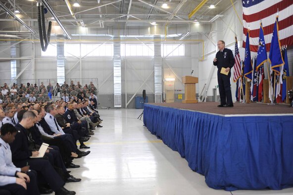 MINOT AIR FORCE BASE, N.D. -- Lt. Gen. Frank G. Klotz, Air Force Global Strike Command commander, addresses members of the 5th Bomb Wing during an all call at dock 1 here Jan. 1. AFGSC assumed responsibility for the three nuclear capable bomb wings in the 8th Air Force as the command continues the Air Force’s number one priority of reinvigorating the nuclear enterprise. (U.S. Air Force photo by Staff Sgt. Stacy Moless)