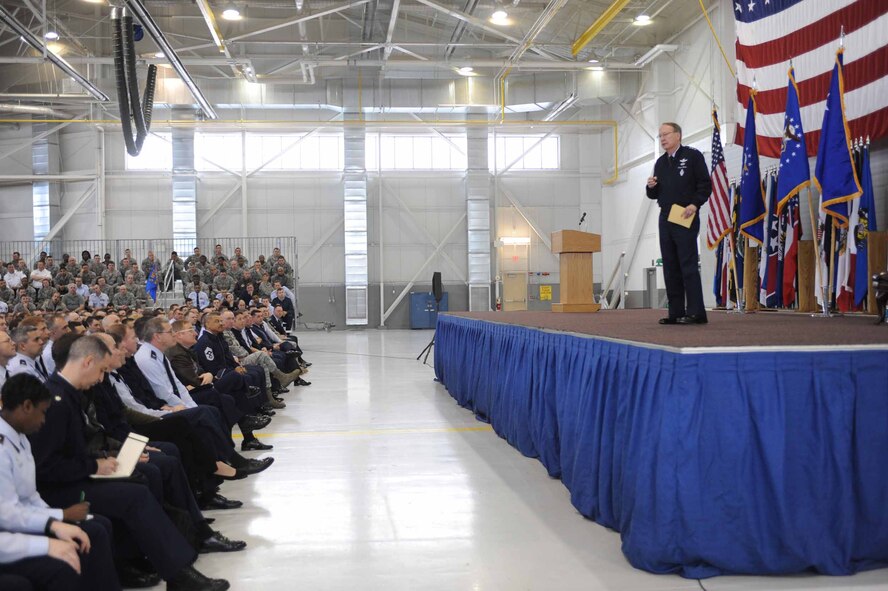 MINOT AIR FORCE BASE, N.D. -- Lt. Gen. Frank G. Klotz, Air Force Global Strike Command commander, addresses members of the 5th Bomb Wing during an all call at dock 1 here Jan. 1. AFGSC assumed responsibility for the three nuclear capable bomb wings in the 8th Air Force as the command continues the Air Force’s number one priority of reinvigorating the nuclear enterprise. (U.S. Air Force photo by Staff Sgt. Stacy Moless)