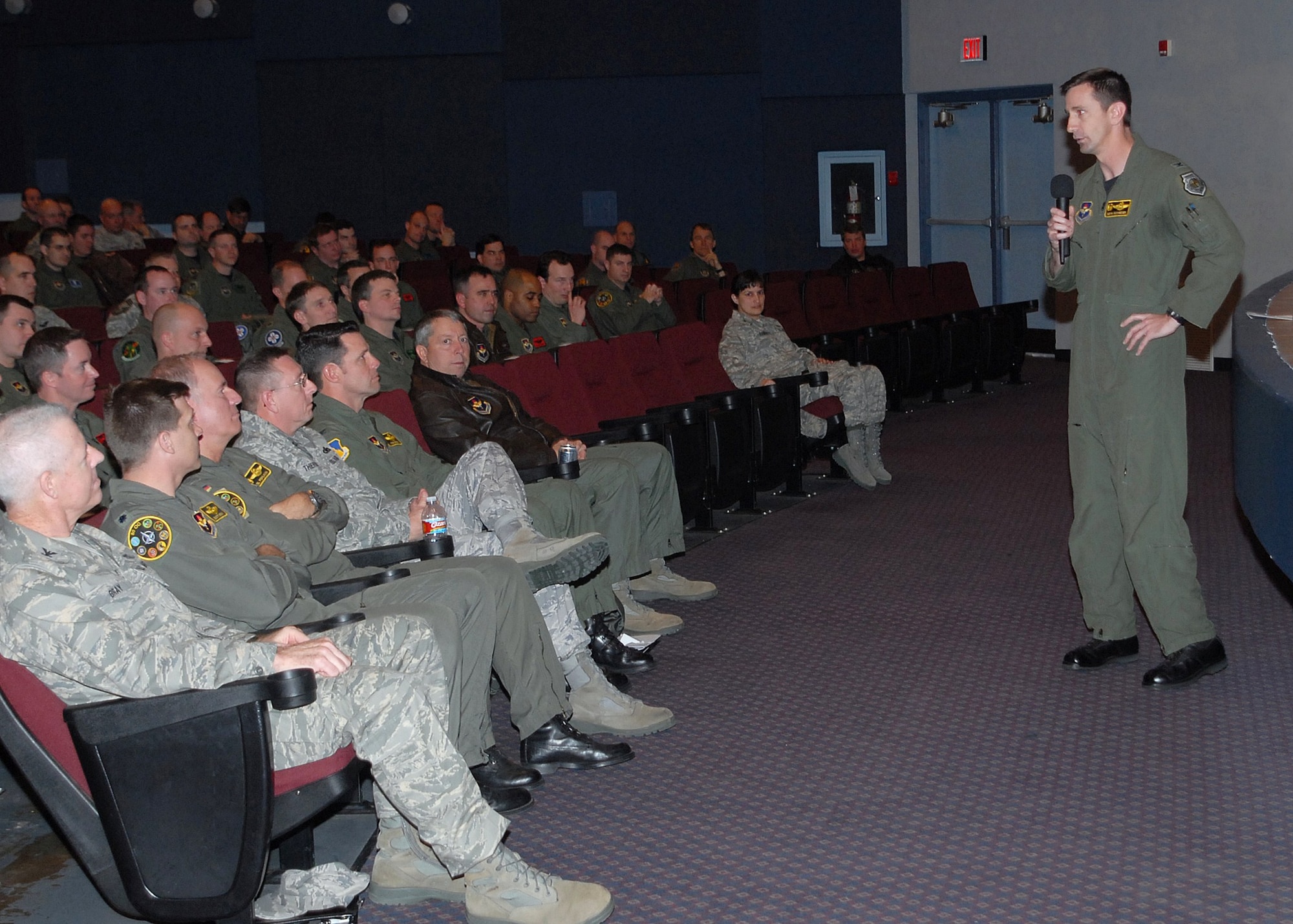 Col. Kevin Schneider, 80th Flying Training Wing commander, speaks at the end of the Air Education and Training Command Unit Compliance Inspection 80th FTW out brief Feb. 2. The 80th Operations Group was rated “Excellent” by the AETC Inspector General team, following a week-long inspection of the wing that resulted in an overall “Satisfactory” rating. (U.S. Air Force Photo/Lou Anne Sledge)