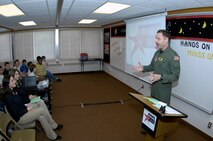 MINOT AIR FORCE BASE, N.D. -- Lt. Col. George McDowell, 5th Mission Support Group deputy commander, addresses the graduates and parents of N.D. STARBASE’s 50th class at North Plains Elementary School here Jan. 29. STARBASE teaches students in grades five and six the importance of math, science and technology through “hands on, minds on” learning. (U.S. Air Force photo by Senior Airman Benjamin Stratton)