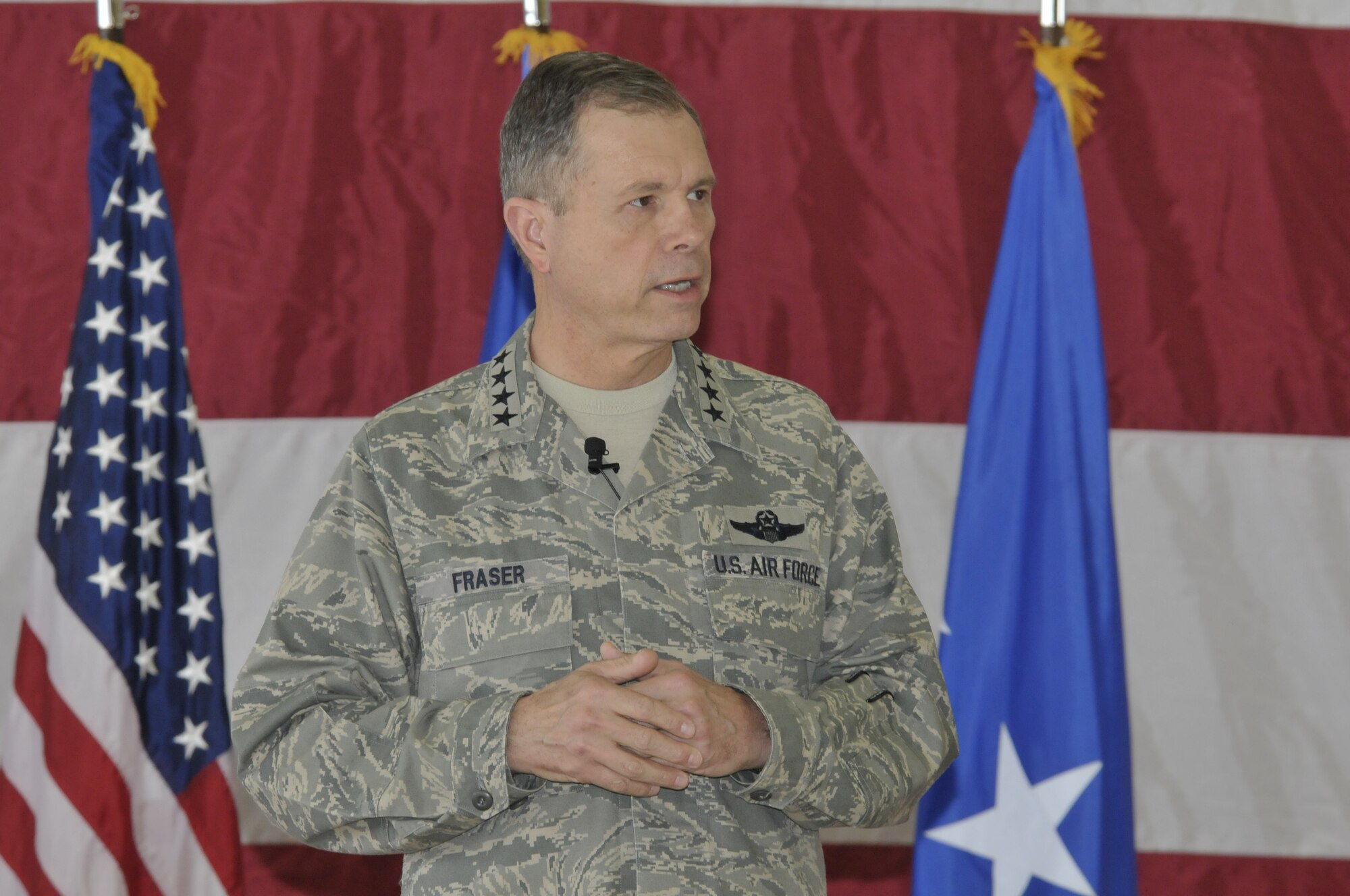 Gen. William Fraser, Air Combat Command commander, addresses members of 1st Air Force during a two-day visit to Tyndall AFB, Fla., Jan. 28 and 29. (U.S. Air Force Photo by Lisa Norman)