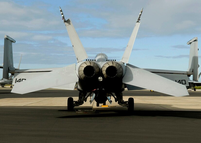 WAKE ISLAND -- A U.S. Navy F-18 Hornet, parked on Wake Island's flight line, Jan 27, 2010. (U.S. Air Force photo/Tech. Sgt. Jerome S. Tayborn)