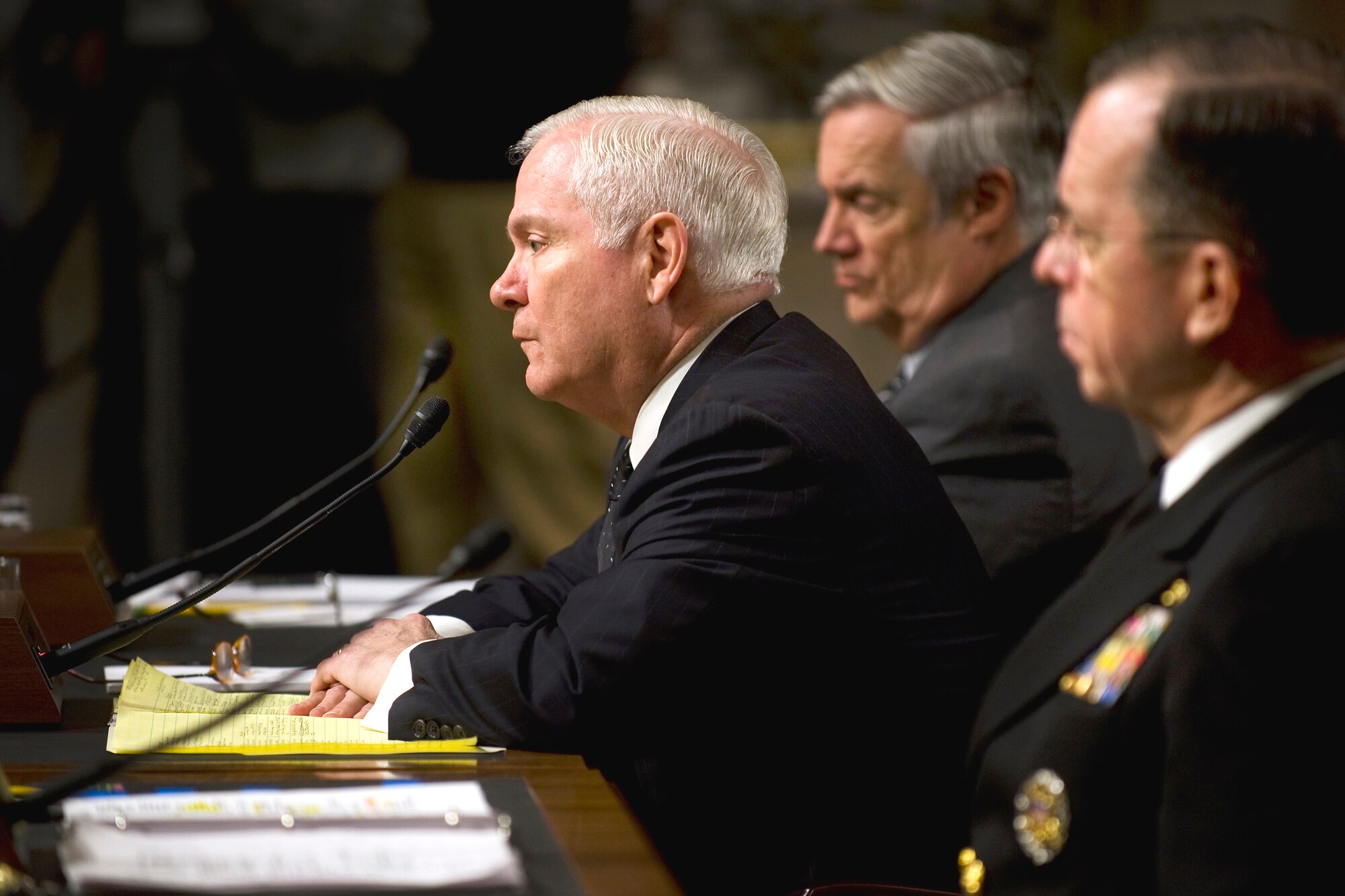 Defense Secretary Robert M. Gates (center) responds to questions during testimony with Undersecretary of Defense Comptroller Robert Hale and Navy Adm. Mike Mullen, chairman of the Joint Chiefs of Staff, before the Senate Armed Services Committee Feb. 2, 2010, in Washington, D.C. (Defense Department photo/Cherie Cullen)