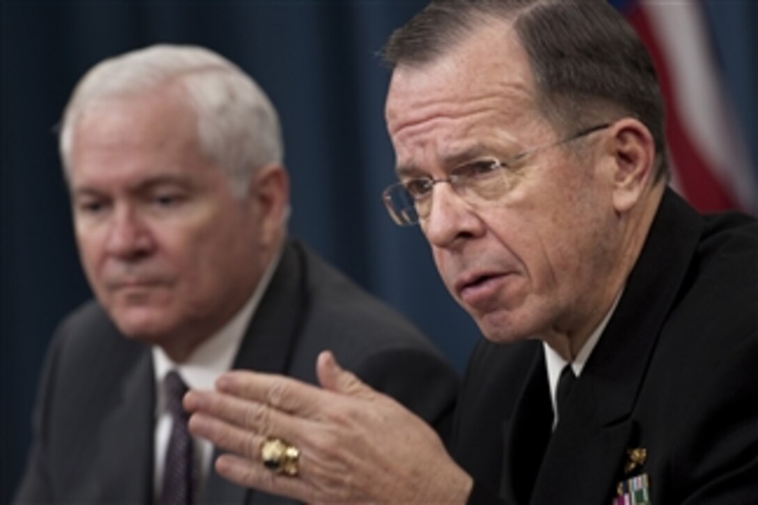 Secretary of Defense Robert M. Gates and Chairman of the Joint Chiefs of Staff Adm. Mike Mullen, U.S. Navy, address the media at a press availability regarding the FY 2011 budget rollout in the Pentagon on Feb. 1, 2010.  