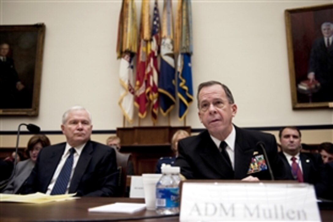 Navy Adm. Mike Mullen, chairman of the Joint Chiefs of Staff, and Defense Secretary Robert M. Gates testify before the House Armed Services Committee on the fiscal year 2011 Defense Department budget request in Washington, D.C., Feb. 3, 2010.