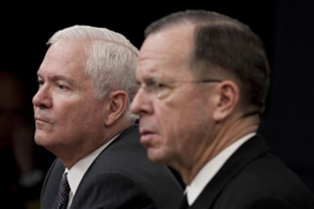 Secretary of Defense Robert M. Gates and Chairman of the Joint Chiefs of Staff Adm. Mike Mullen, U.S. Navy, address the media at a press availability regarding the FY 2011 budget rollout in the Pentagon on Feb. 1, 2010.  