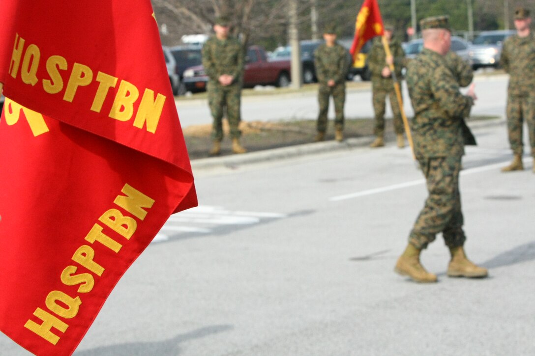 Sgt. Major Micheal Wootten, Headquarters and Support Battalion sergeant major with Marine Corps Base Camp Lejeune, discusses the relevance of maintaining the tradition of drill after the HQSPT Bn drill competition Feb. 4 in the base Marine Corps Exchange parking lot.