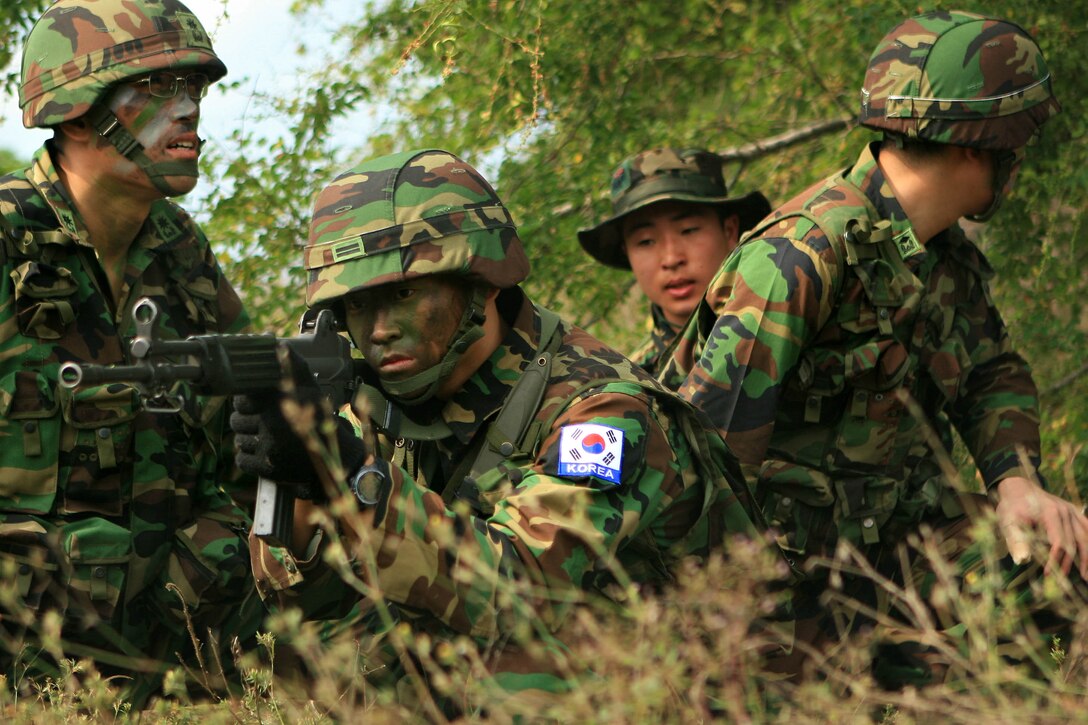 Republic of Korea (ROK) Marines sit in position as they plan for forward movement during an amphibious assault as part of exercise Cobra Gold 2010, Feb. 4. The 31st Marine Expeditionary Unit (MEU) is currently participating in CG ’10. The exercise is the latest in a continuing series of exercises designed to promote regional peace and security.