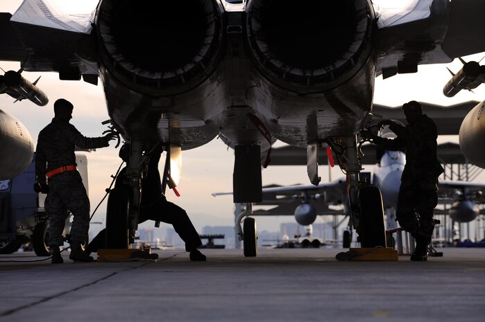 NELLIS AIR FORCE BASE, Nev. -- Crew Chiefs assigned the 18th Aircraft Maintenance Squadron and deployed in support of Red Flag 10-2 at Nellis Air Force Base, Nev., perform maintenance on a 44th Fighter Squadron F-15 Feb. 2, 2010.  Red Flag is a realistic combat training exercise involving the air forces of the United States and its allies. The exercise is conducted on the 15,000-square-mile Nevada Test and Training Range, north of Las Vegas. (U.S. Air Force photo by Tech. Sgt. Michael R. Holzworth/RELEASED)