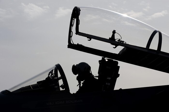 NELLIS AIR FORCE BASE, Nev. -- Maj. Nicholas Rutger, 44th Fighter Squadron goes over pre-flight checklist in the cockpit of an F-15 Eagle before departing on a training mission at Red Flag 10-2, Nellis Air Force Base, Nev., Feb. 2, 2010.  Red Flag is a realistic combat training exercise involving the air forces of the United States and its allies. The exercise is conducted on the 15,000-square-mile Nevada Test and Training Range, north of Las Vegas. (U.S. Air Force photo by Tech. Sgt. Michael R. Holzworth/RELEASED)
