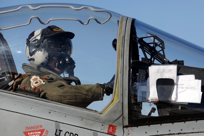 NELLIS AIR FORCE BASE, Nev. -- A GR-9 Harrier pilot assigned to Royal Air Force Cottesmore, United Kingdom, prepares to taxi out from the Nellis flight line at Red Flag 10-2,  Feb. 1, 2010. (U.S. Air Force photo by Airman 1st Class Brett Clashman/RELEASED)      