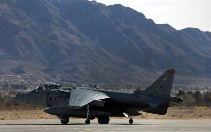 NELLIS AIR FORCE BASE, Nev. -- A Royal Air Force Cottesmore, United Kingdom,  GR-9 Harrier taxis toward the end of the runway on the Nellis flight line during Red Flag 10-2   Feb. 1, 2010.  Red Flag is a realistic combat training exercise involving the air forces of the United States and its allies. The exercise is conducted on the 15,000-square-mile Nevada Test and Training Range, north of Las Vegas. (U.S. Air Force photo by Tech. Sgt. Michael R. Holzworth/RELEASED)
