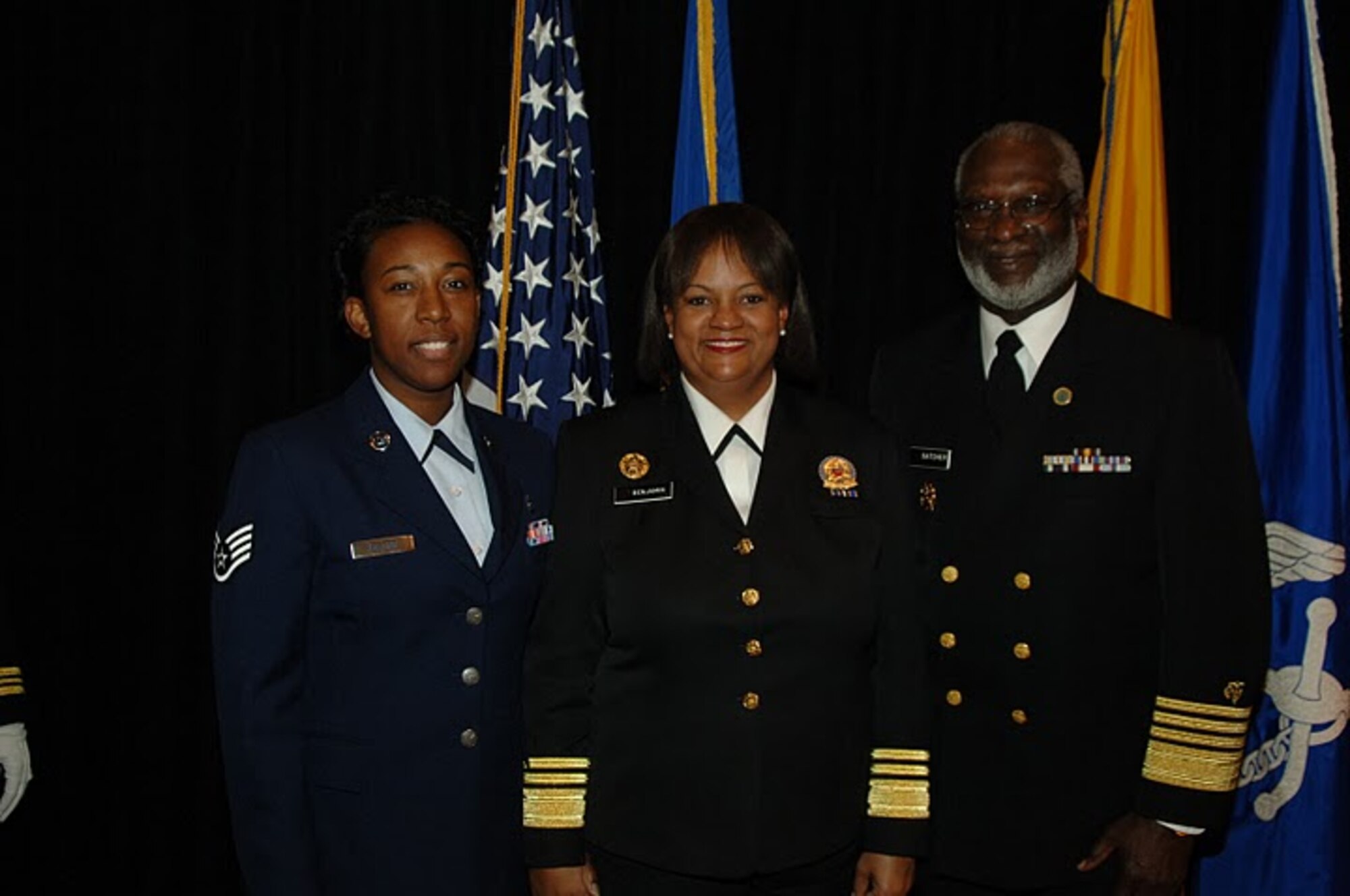 From left, Sergeant Ballard stands with Dr. Benjamin and one of Dr. Benjamin’s mentors, former U.S. Surgeon General Dr. David Satcher after the swearing-in ceremony Jan. 11.  (Courtesy photo)