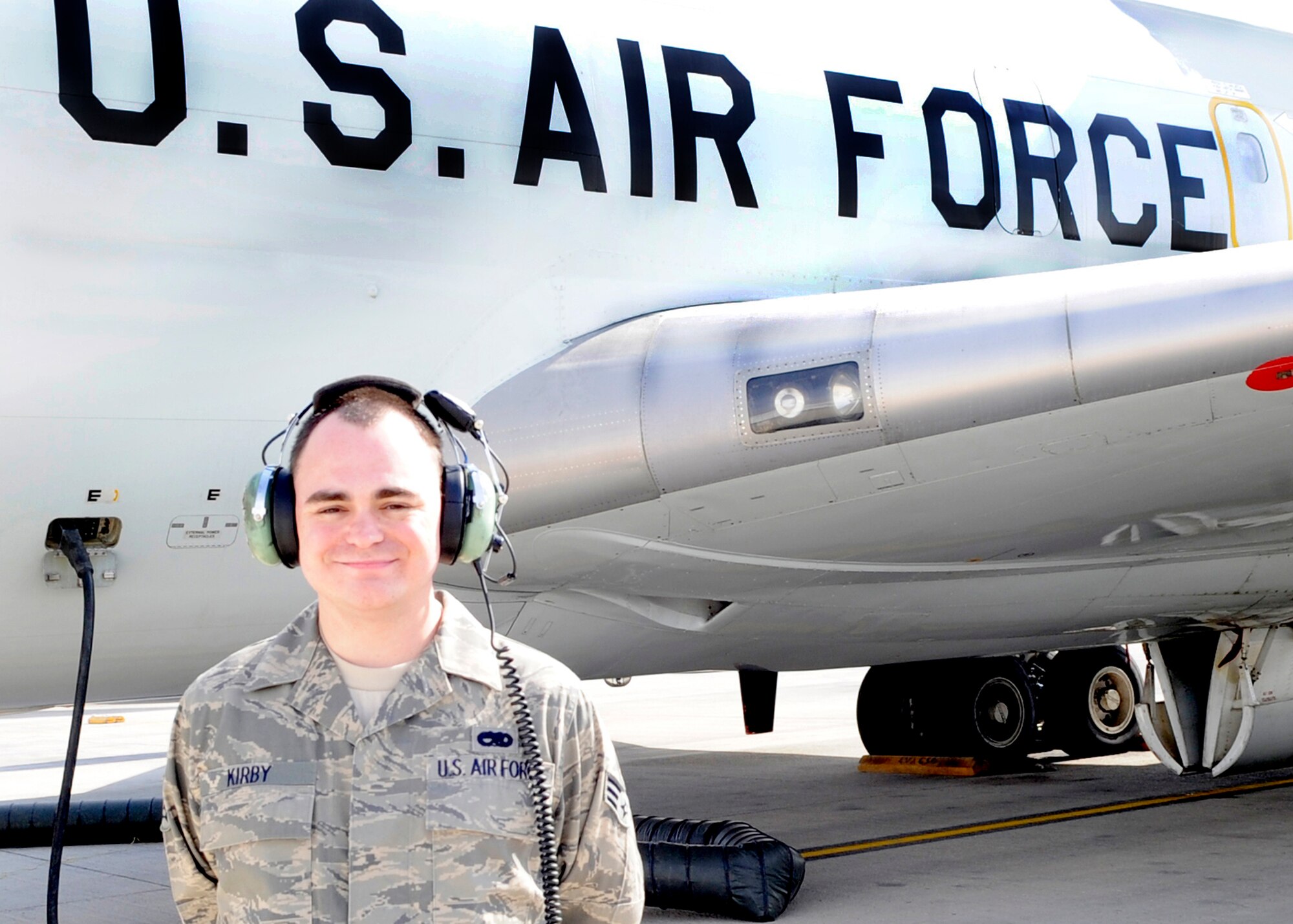 Senior Airman Robert Kirby, an instrument and flight control systems journeyman, maintains the airborne warning and control system on the E-3 Sentry AWACS at a non-disclosed base in Southwest Asia. Here he is pictured near an E-3 on Jan. 23, 2010. Airman Kirby is deployed from the 552nd Aircraft Maintenance Squadron at Tinker Air Force Base, Okla., and his hometown is Fayetteville, Ga. (U.S. Air Force Photo/Capt. Cathleen Snow/Released)