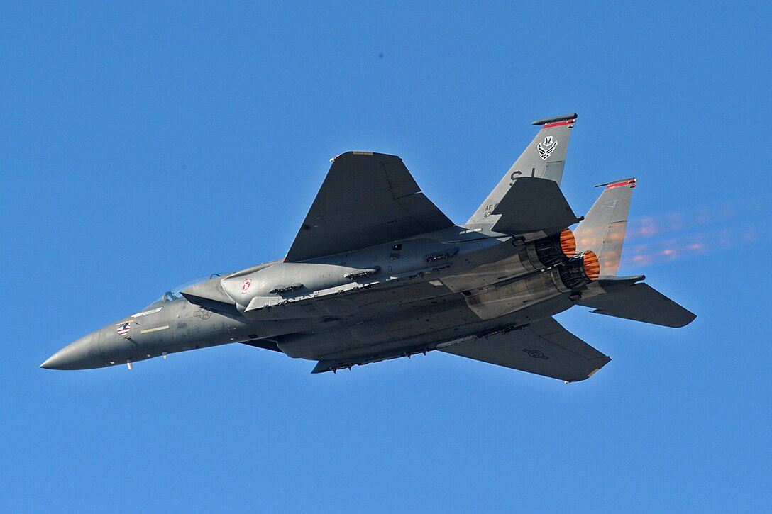LANGLEY AIR FORCE BASE, Va. -- Maj. Mike "Cash" Maeder and Capt. Heron "Mach" Weidner, F-15E Strike Eagle Demonstration Team pilots, perform for Gen. William M. Fraser III, Air Combat Command commander, Feb. 3. The demonstration team flew as part of the Commander Air Combat Command certification flight.  (U.S. Air Force photo/Senior Airman Zachary Wolf)
