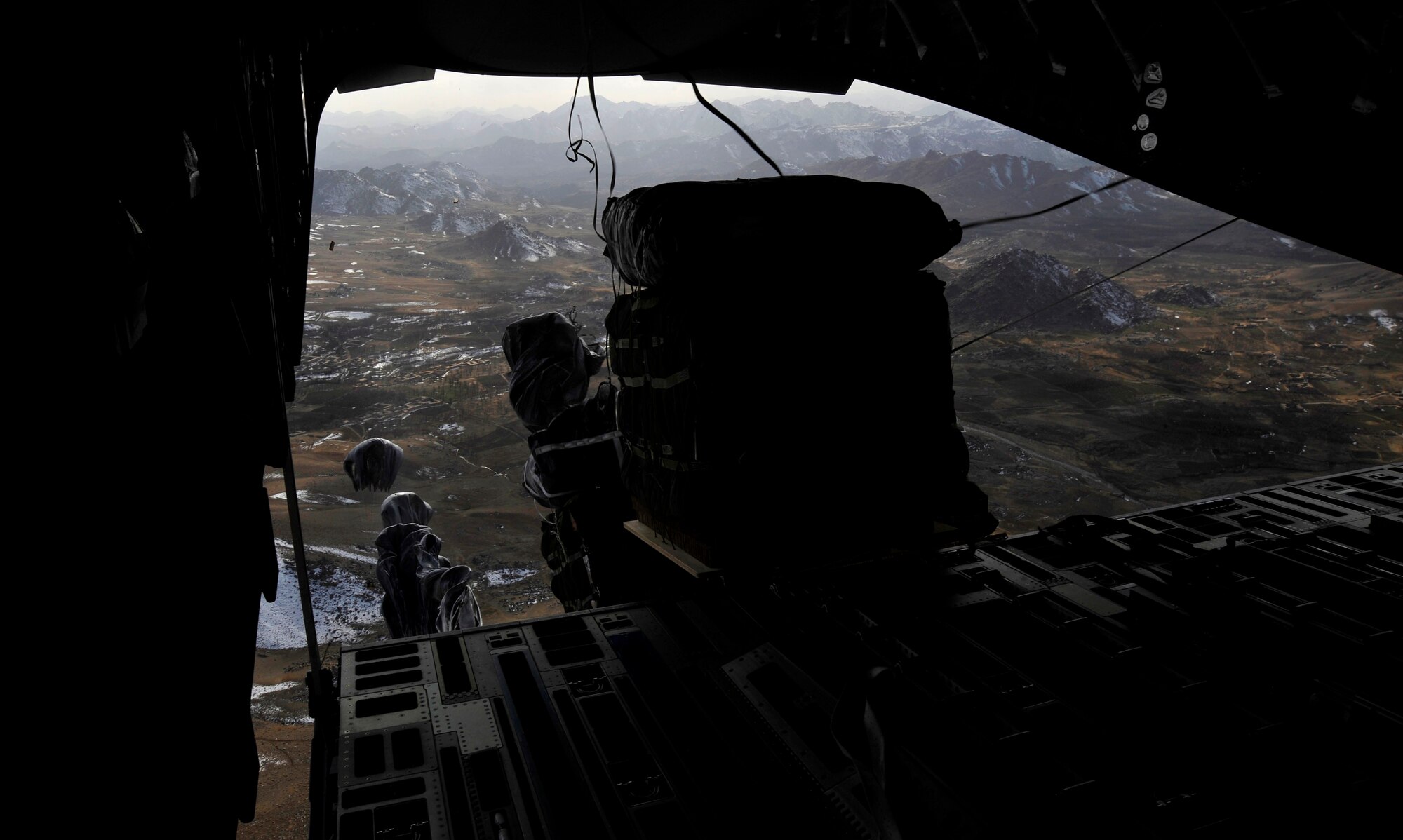 U.S. Air Force Airmen from the 816th Expeditionary Airlift Squadron, deliver 34 container delivery system bundles from a C-17 Globemaster III over a base in Afghanistan, Feb. 12, 2010.  (U.S. Air Force photo/Staff Sgt. Angelita Lawrence/released)