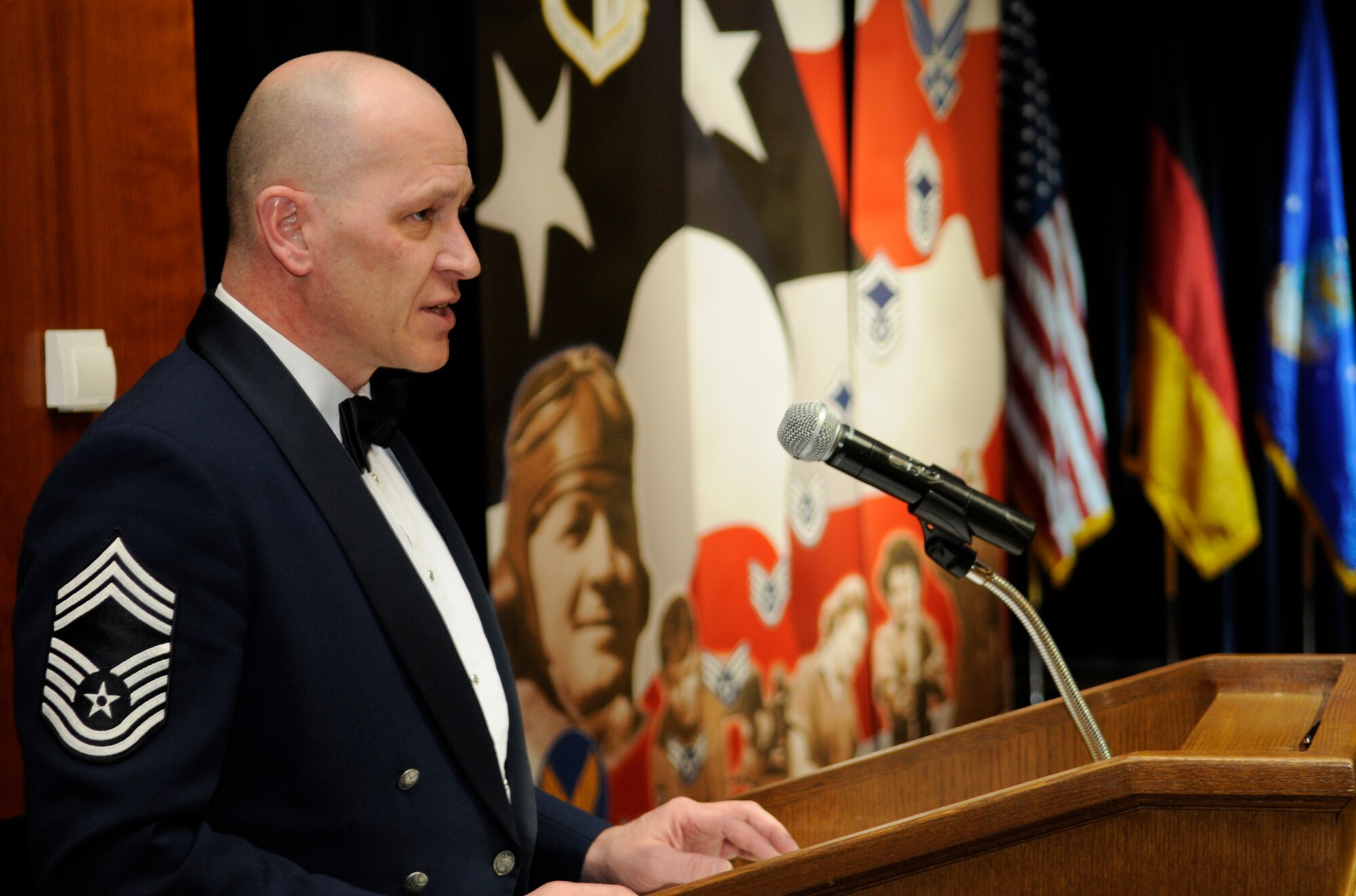 SPANGDAHLEM AIR BASE, Germany – Chief Master Sgt. Dave Brau, 52nd Maintenance Group chief enlisted manager, speaks to Spangdahlem’s new chief selects about the responsibility of being a chief and the importance of maintaining the attitude that helped them reach this new rank during the chief recognition ceremony Jan. 30. (U.S. Air Force photo/Senior Airman Benjamin Wilson)