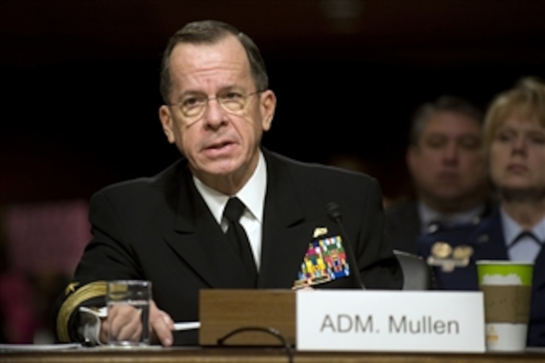 Chairman of the Joint Chiefs of Staff Adm. Mike Mullen responds to questions during testimony with Under Secretary of Defense Comptroller Robert Hale and Secretary of Defense Robert M. Gates before the Senate Armed Services Committee in Washington, D.C., on Feb. 2, 2010.  