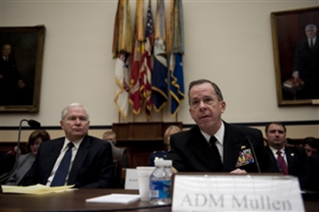 Secretary of Defense Robert M. Gates, Under Secretary of Defense Comptroller Robert Hale and Chairman of the Joint Chiefs of Staff Adm. Mike Mullen testify to the House Armed Services Committee on the FY 2011 Department of Defense budget request at the Rayburn House Office Building in Washington, D.C., on Feb. 3, 2010.  