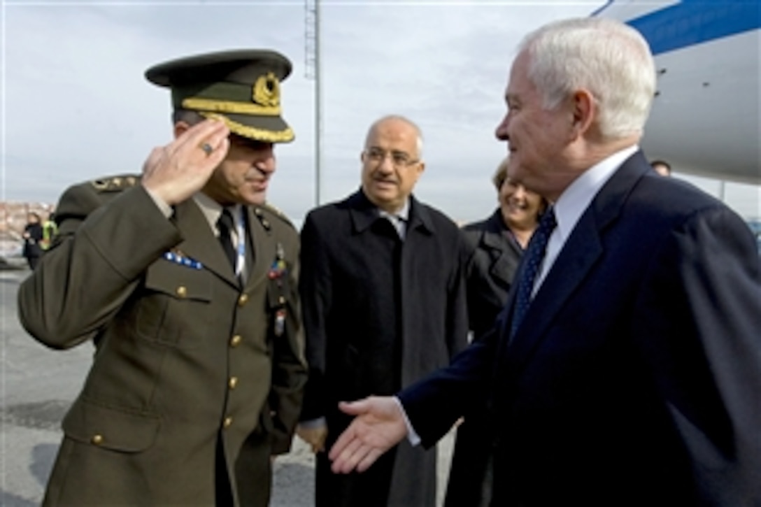 Turkish officials greet U.S. Defense Secretary Robert M. Gates as he arrives at Ataturk Airport in Istanbul, Feb. 4, 2010. 