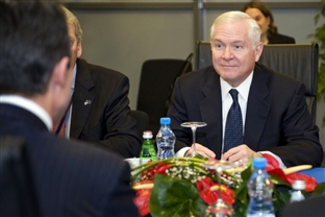 U.S. Defense Secretary Robert M. Gates meets with NATO Secretary General Anders Fogh Rasmussen in Istanbul, Feb. 4, 2010. Gates is in Turkey to conduct NATO bilateral meetings and to attend the Regional Command South meeting. 