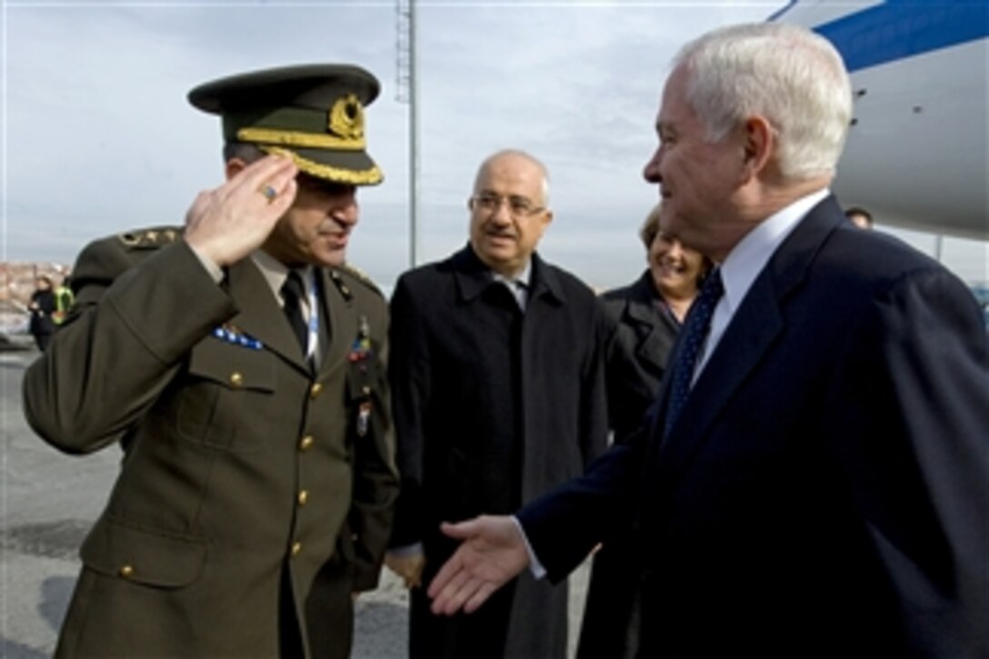 Secretary of Defense Robert M. Gates is greeted by Turkish officials after his arrival at Ataturk Airport in Istanbul, Turkey, on Feb. 4, 2010.  