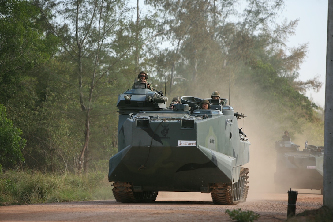 Royal Thai Marines maneuver their amphibious assault vehicles (AAV) into position during a mechanized raid exercise, Feb. 5. The 31st Marine Expeditionary Unit (MEU) is currently participating in exercise Cobra Gold 2010 (CG’ 10). The exercise is the latest in a continuing series of exercises design to promote regional peace and security.