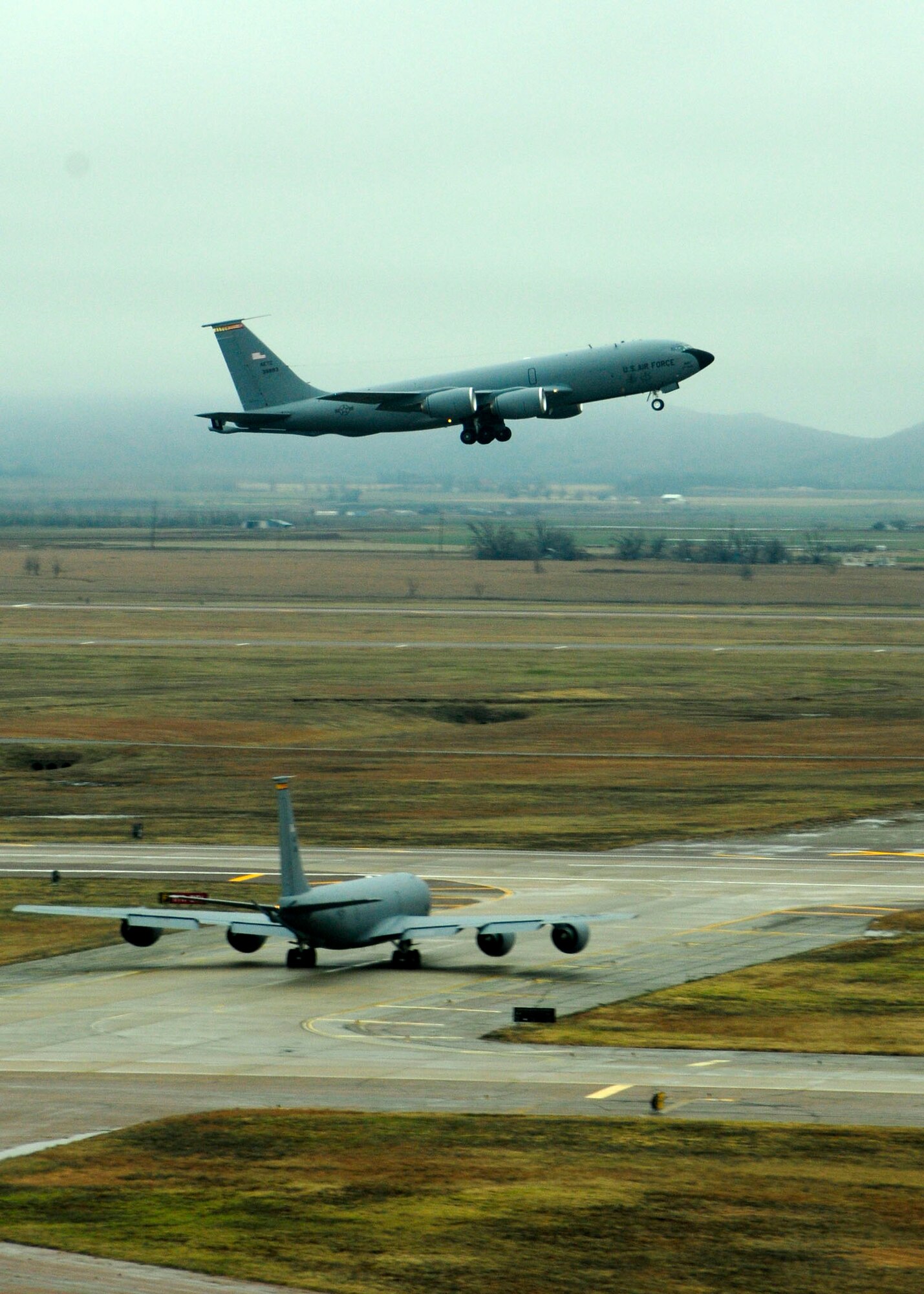 ALTUS AIR FORCE BASE, Okla. -- KC-135 Stratotankers take off from Altus AFB to fly to Kelly AFB, San Antonio Feb 4. The KC-135s are relocating to Kelly AFB temporarily to continue flight training for the Altus pilots due to the severe ice storm that swept through the area Jan. 28. (U.S. Air Force photo/Airman 1st Class Myles T. Stepp)