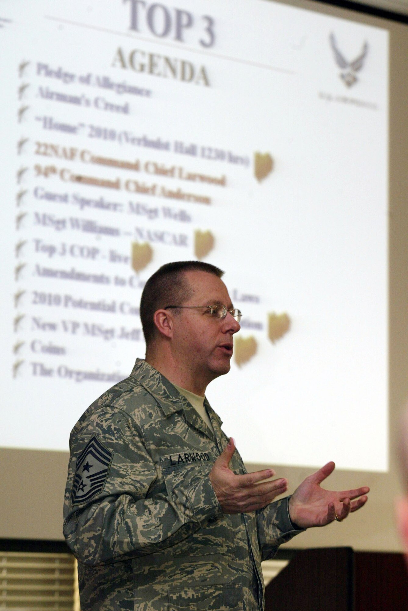 Command Chief Master Sgt. Steven M. Larwood of 22nd Air Force visits the Dobbins Top 3 during their monthly meeting Jan.10. (U.S. Air Force photo/Don Peek)