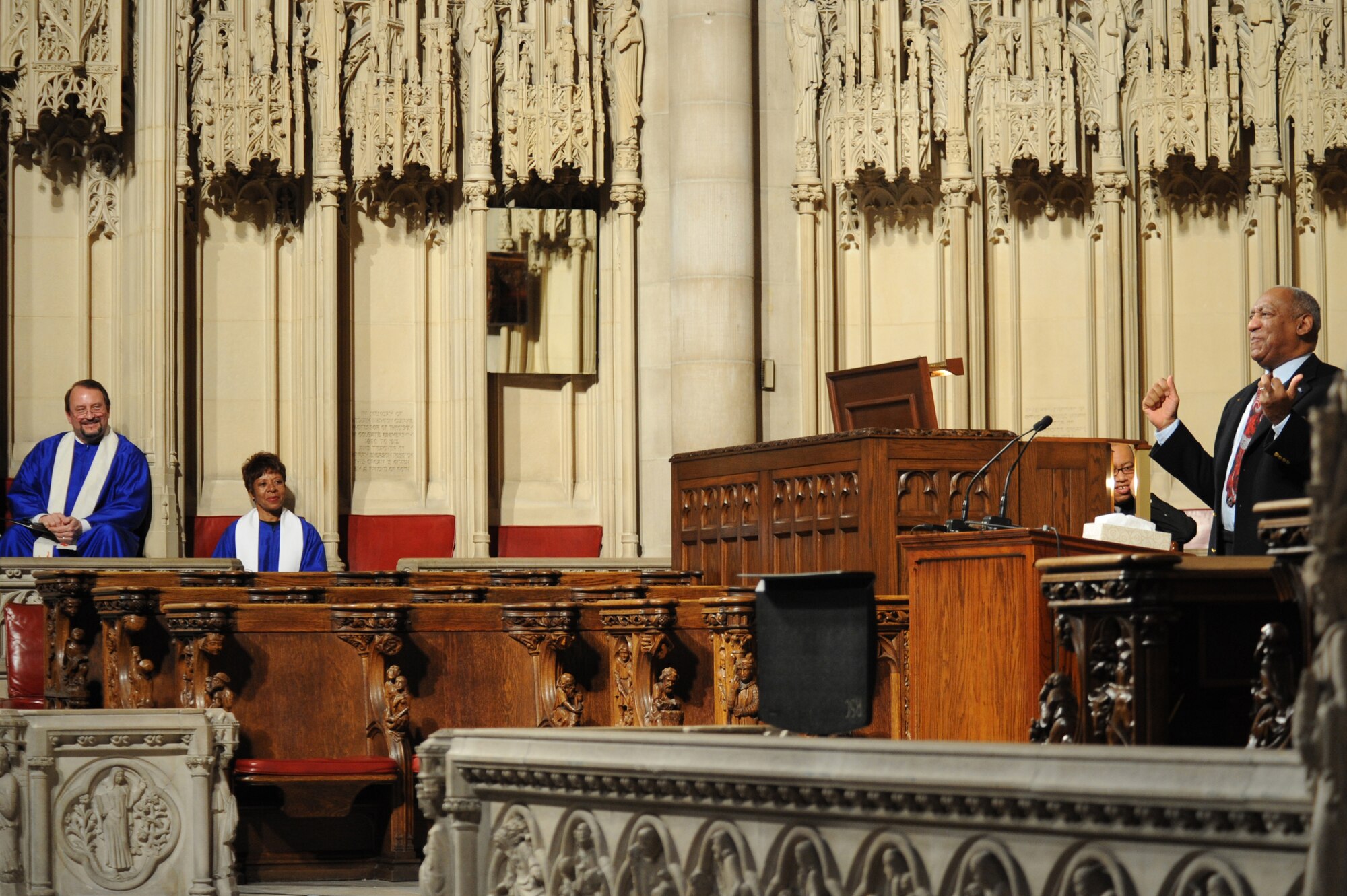 Dr. William H. Cosby Jr., American comedian/actor, delivers a eulogy during a memorial service for retired Lt. Col. Lee A. Archer, at the Riverside Church in New York City, Feb. 4, 2010.  Archer, a World War II Tuskegee Airman, Presidential Gold Medal recipient and Yonkers New York native, died on Jan. 27, 2010 at the age of 90, of natural causes.  (U.S. Air Force photo/Master Sgt. Brandt Smith)