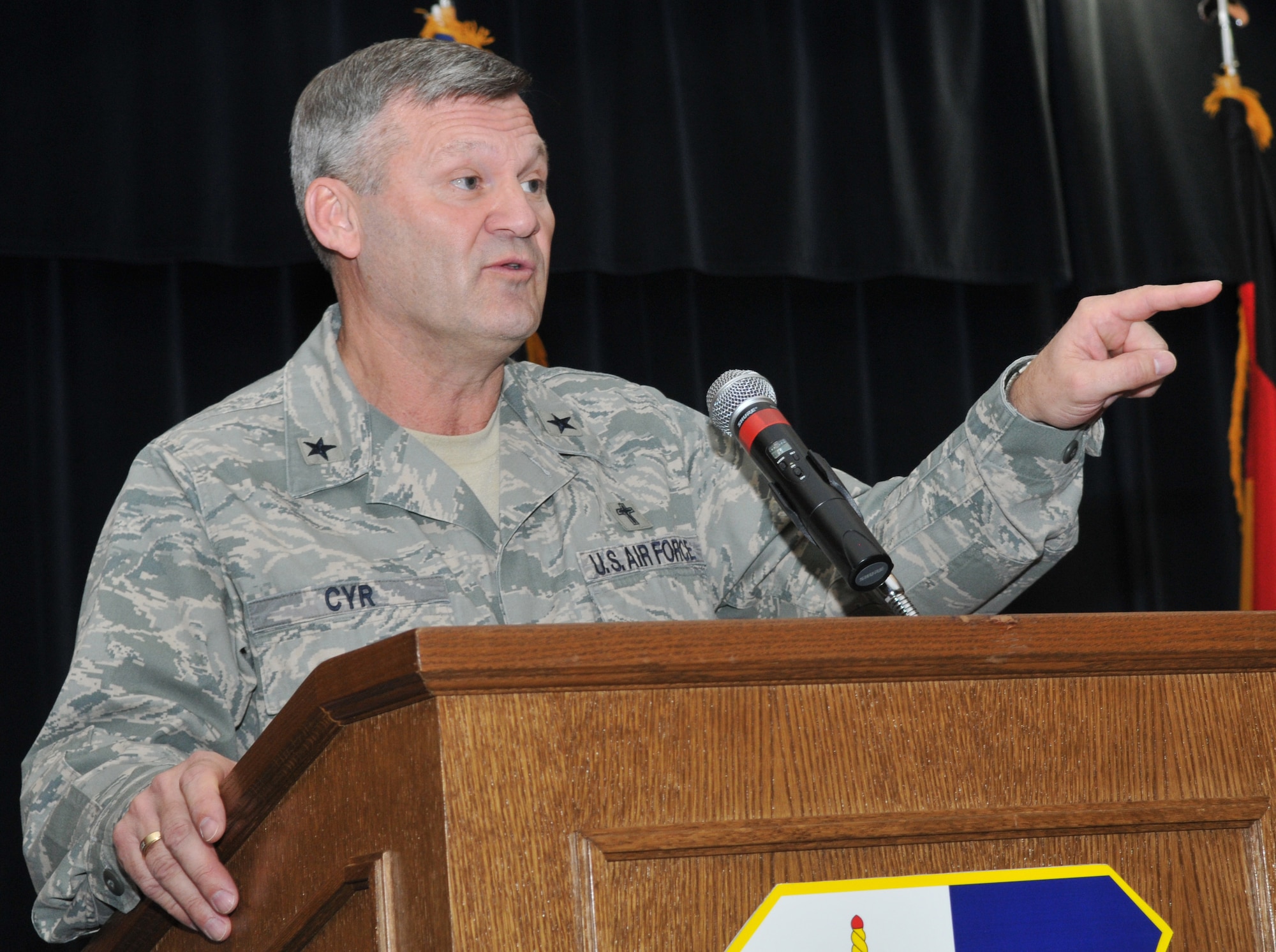 SPANGDAHLEM AIR BASE, Germany -- Chaplain (Brig. Gen.) David Cyr, Air Force deputy chief of chaplains, gives a speech during Spangdahlem's 2010 National Prayer Luncheon Jan. 29 at Club Eifel. The national prayer luncheon is important to the military because it allows servicemembers to gather to concentrate on the importance of spiritual health, one of the four pillars of wellness. (U.S. Air Force photo/Airman 1st Class Nick Wilson)