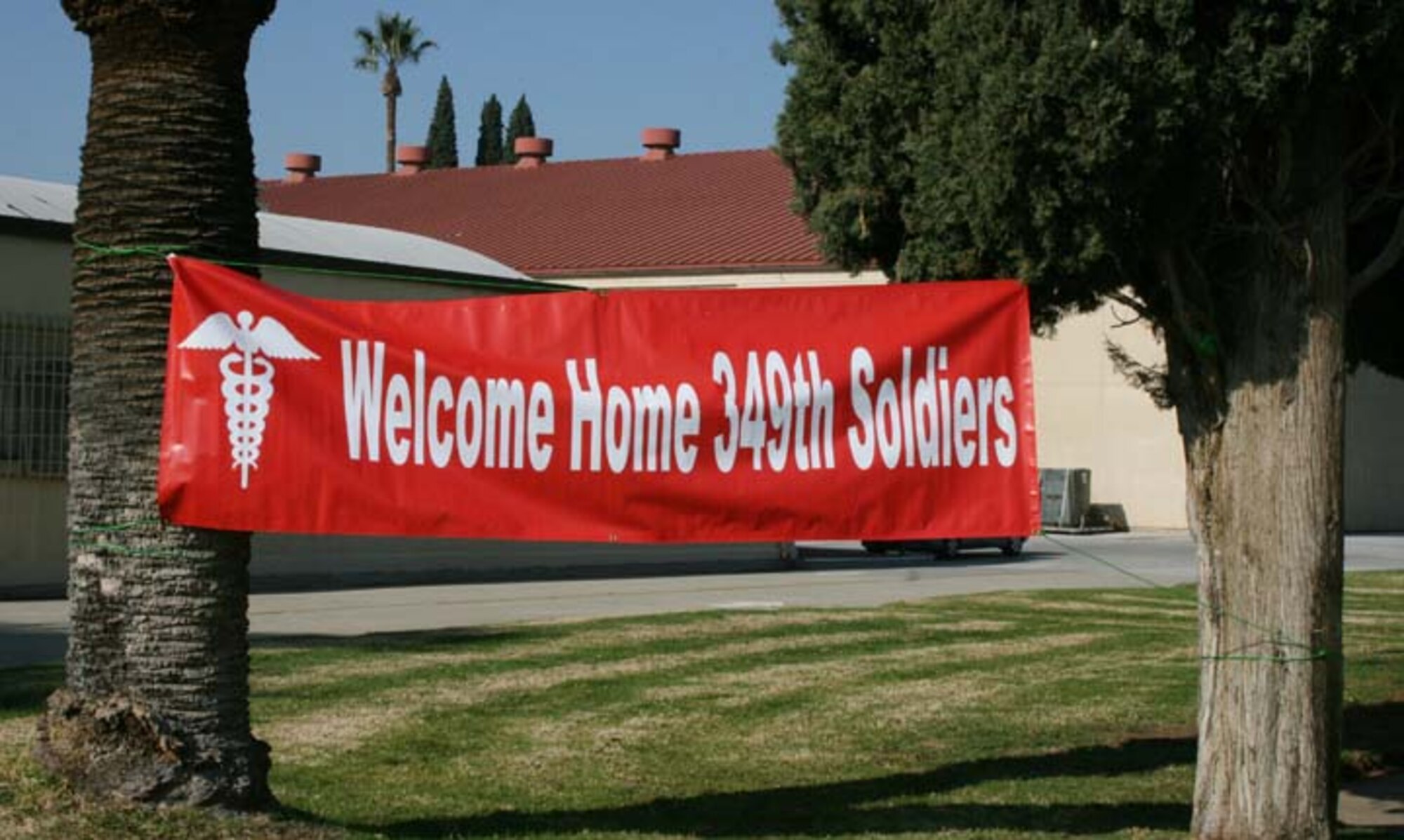 A sign greets Soldiers and family members at the U.S. Army Reserve's 437th Medical Company Ground Ambulance's Welcome Home Warrior-Citizen Ceremony held at March Air Reserve Base, Calif., Feb. 3, 2010.  The 349th Combat Support Hospital is the 437th's higher headquarters.  The 73 Soldiers in the company deployed to Kuwait on March 2, 2009. (U.S. Army photo/Maj. Matthew Lawrence)