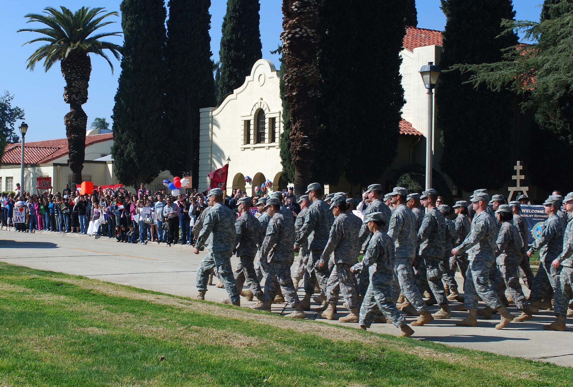 Soldiers march into place at the U.S. Army Reserve's 437th Medical Company Ground Ambulance's Welcome Home Warrior-Citizen Ceremony held at March Air Reserve Base, Calif., Feb. 3, 2010.  The 73 Soldiers in the company deployed to Kuwait on March 2, 2009. (U.S. Air Force photo/Megan Just)