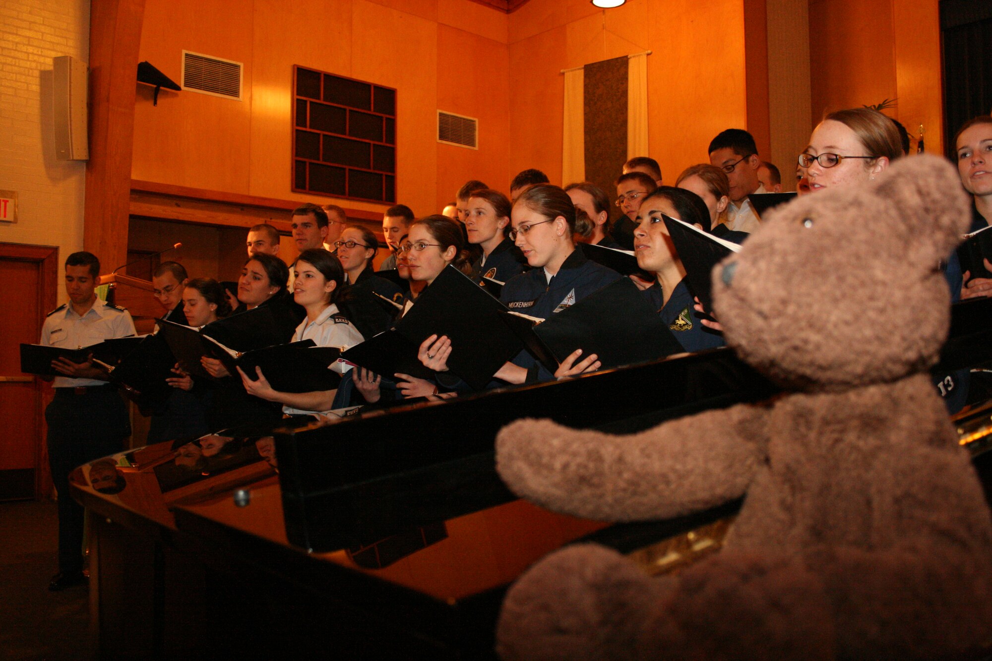 EGLIN AIR FORCE BASE, Fla. - The United States Air Force Academy Catholic Cadet Choir visited Eglin to share their music Jan. 30,31. Pookie the bear, featured here is the choir's mascot and accompanies the all-volunteer choir on every trip. Pookie has traveled as far as Korea with the choir. (U.S. Air Force photo/ 2nd Lt. Andrew Caulk)