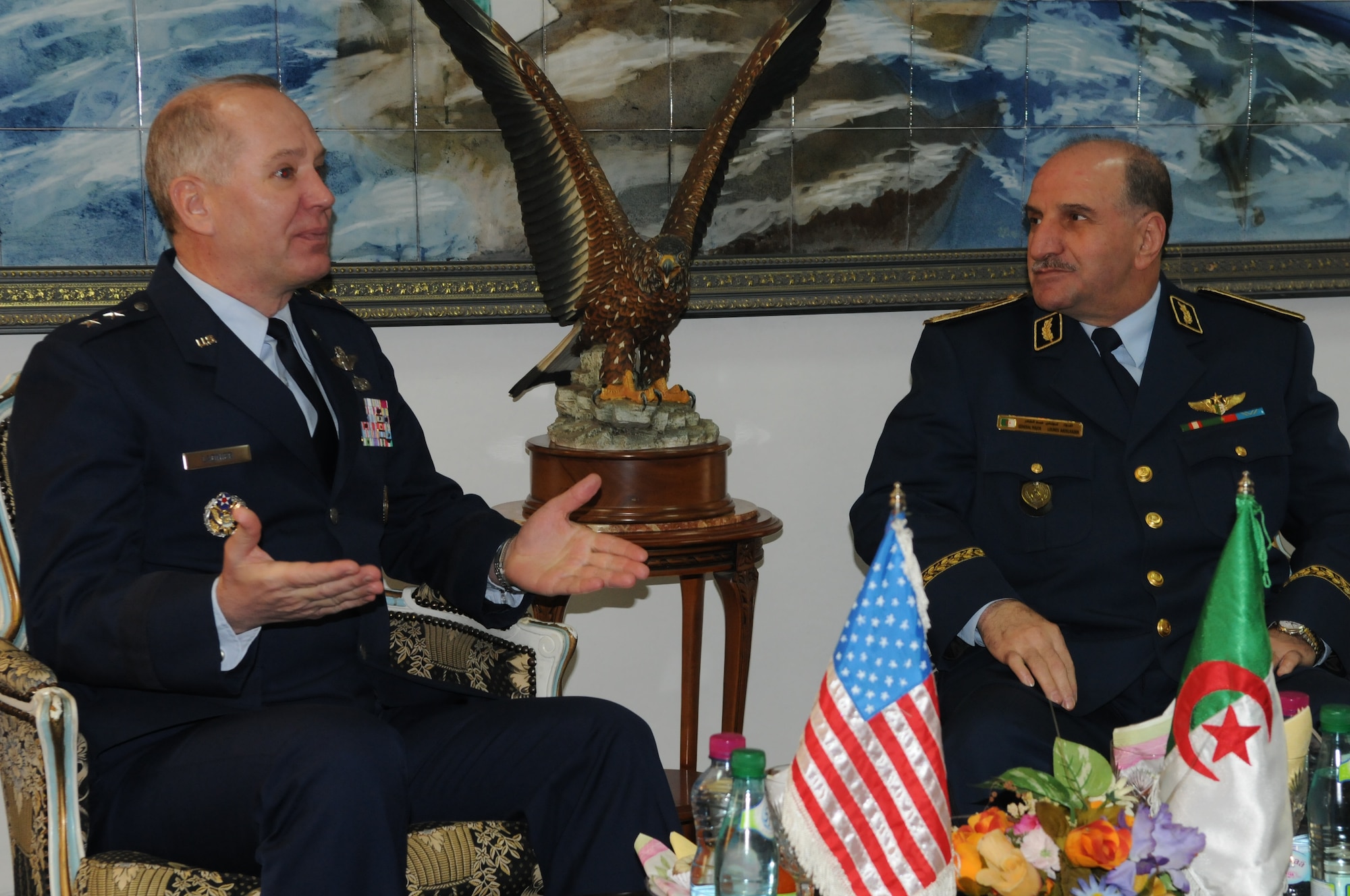 ALGIERS, Algeria -- Gen. Aggad, chief of employments and operations, Algerian Air Force, and Maj. Gen. Ronald Ladnier, commander of U.S. Air Forces Africa, sit down for bilateral discussions during a senior leader engagement Jan. 26 in Algiers. (U.S. Air Force photo by Maj. Paula Kurtz) 