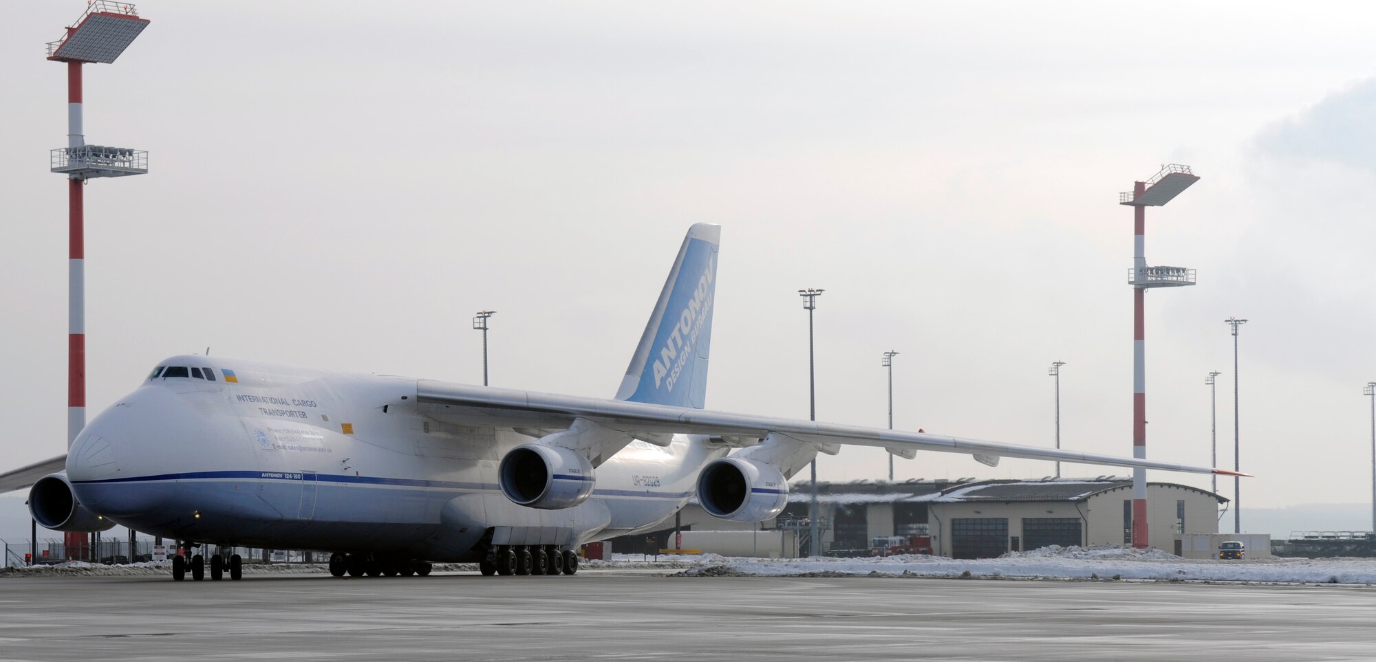 SPANGDAHLEM AIR BASE, Germany – An Antonov An-124 taxis in at Spangdahlem Air Base Feb. 4. The Antonov An-124 was first flown in 1982 and produced jointly by Russia and Ukraine. This particular aircraft is supported by the Canadian Material Support Group and delivers freight through Spangdahlem monthly. (U.S. Air Force photo/Airman 1st Class Staci Miller)
