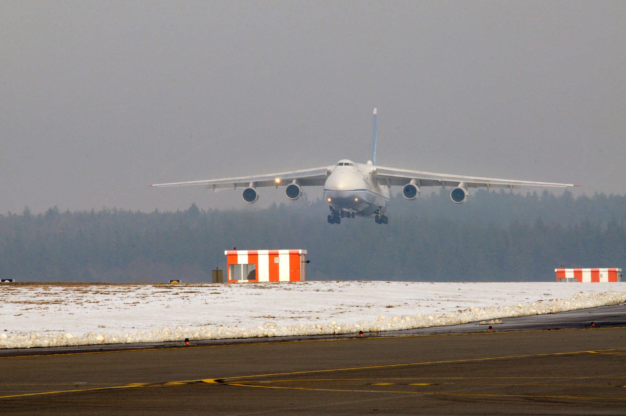 SPANGDAHLEM AIR BASE, Germany – An Antonov An-124 lands at Spangdahlem Air Base Feb. 4. The Antonov An-124 was first flown in 1982 and produced jointly by Russia and Ukraine. This particular aircraft is supported by the Canadian Material Support Group and delivers freight through Spangdahlem monthly. (U.S. Air Force photo/Airman 1st Class Staci Miller)