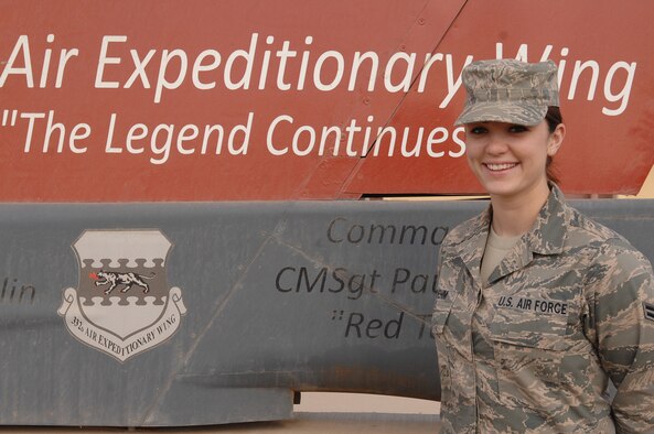 Airman 1st Class Allison Boehm of the 332nd Air Expeditionary Wing is the 332nd AEW's Tuskegee Airman of the Week for Jan. 24-30, 2010. Among her accomplishments, Airman Boehm has provided operations security information to more than 500 Airman at weekly briefings, ensuring vital base information is kept off social web sites. She also armed up and led her photo, broadcast, journalist team outside-the-wire to cover RED HORSE construction for Iraqi partners.
(U.S. Air Force photo/Senior Airman Wes Carter/Released)

