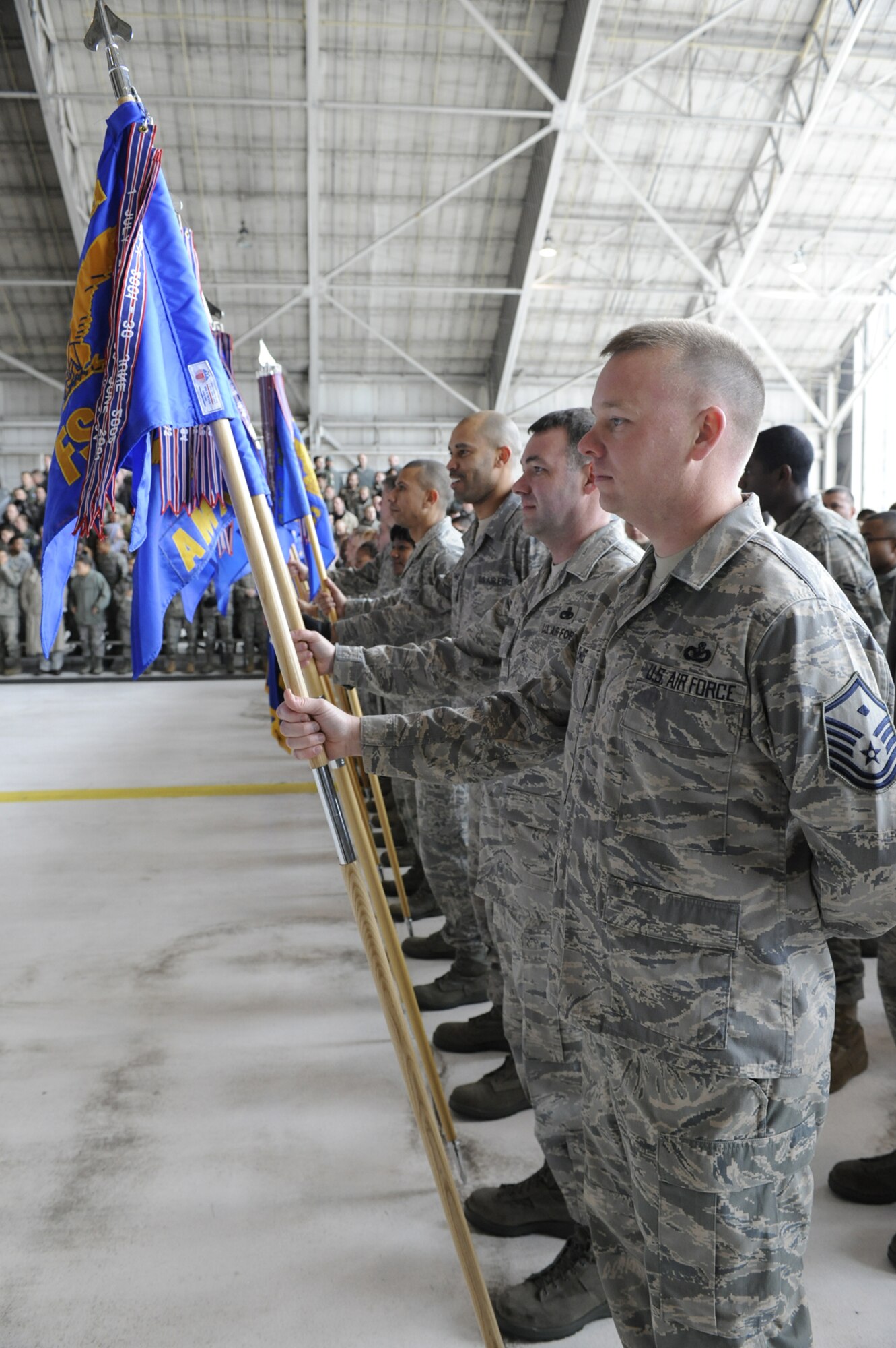 The Dover Air Force Base First Sergeants hold the guidons during the Commander-in-Chief's Installation Excellence Selection Board Send-Off Feb. 2 at Hanger 706. More than 1,000 Team Dover members crowded into the hanger to show their appreciation to the CINC IE team for the chance to show their excellence and individual initiative in all they do. (U.S. Air Force photo/Roland Balik)